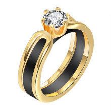Women's Stainless Steel Cut Crystal Cubic Zirconia Inlaid Ceramic Couple Wedding Ring Two Tone Eternity Engagement Finger Band Gold Black Size 6