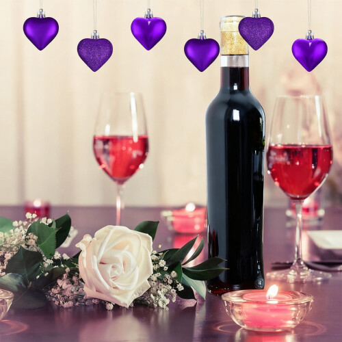 Ensemble de 12 décorations suspendues en forme de cœur violettes