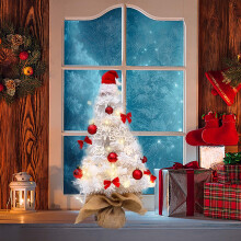 Mini Pre-lit Flocked White Christmas Tree with Lights & Music, Compatible with Indoor/Outdoor Decor