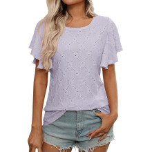 Womens Summer Fashion Palace Lock Ruffle Sleeve T-Shirts-浅紫色 M