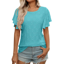 Womens Summer Fashion Palace Lock Ruffle Sleeve T-Shirts-松石绿 XL