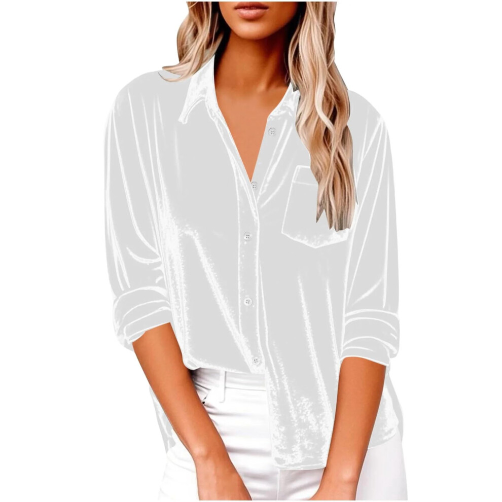 White Women's Elegant Lapel Neck Shirt Long Sleeve Button- M