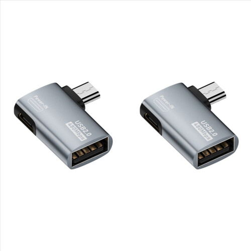 Cabo adaptador OTG 4K duplo com alimentação, micro-USB para USB e design angular.