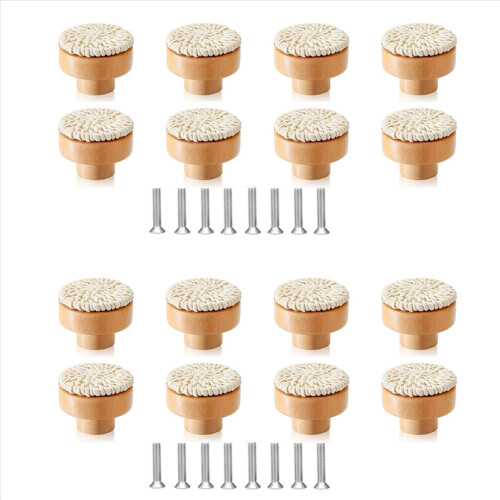 16PCS Boho Rattan Dresser Knobs Wood Drawer Handmade Woven Wicker Pull