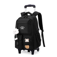 Black Rolling Backpack with Wheels Kids Roller Wheeled School Bag Trolley Bookbag 2 Wheels