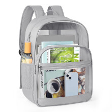 Sac à dos transparent résistant en tissu transparent, bretelles renforcées en PVC, gris, idéal pour l'école et les voyages.