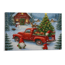 Christmas Tree Red Truck Gnomes Snowy Cabin Canvas Prints Wall Art,Winter Scene Decor Wooden Framed for Living Room Bedroom Office 128 inch