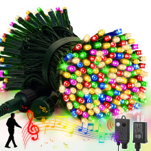 33ft Music Christmas Mini Lights, 100 LED Starry String Light with Stepless Dimming, Green Wire, Warm White + 4 Colors, Indoor/Outdoor, Compatible