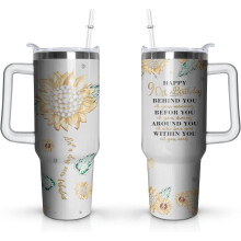 Cadeaubeker voor de 90e verjaardag, roestvrijstalen beker van 1,2 liter met handvat en rietje – past bij de decoraties voor de 90e verjaardag van