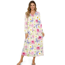 Women's Full-Length Button-Down House Dress & Nightgown, Soft Cozy Lounge Sleepwear, Long Sleeve, 4XL, Pink Rose/Daisy/Butterfly Beige