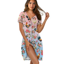 Women's Short Sleeve Button-Down Nightgown & Sleepshirt, Crew Neck, Comfortable Housecoat/Robe – XL, Chicken/Rooster Rose Pink Blue Gradient