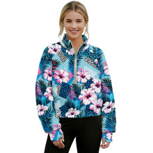 Felpa corta da donna, top sportivo con mezza zip e fori per i pollici, stampa tribale ibisco e leopardo, blu, 3XL, compatibile con