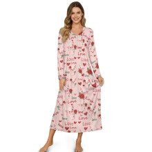 Women's Long Sleeve Button-Front Nightgown – Pig & Rose Heart Print, Cozy Sleepshirt Lounge Dress, Pink, M, Compatible with Valentine’s Day