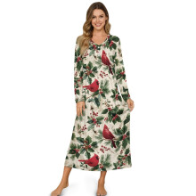 Women's Christmas Winter Nightgown – Button-Down Housecoat, Soft Cozy Lounge Dress, Long Sleeve Sleepwear, Red Cardinal & Holly Print, XL