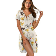 Women's Short Sleeve Sleep Dress, Soft Stretchy Loungewear, Button-Front Nightgown, Rooster/Yellow Rose Retro Design – XL