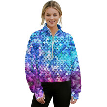 Women's Half-Zip Pullover Sweatshirt with Pocket, Thumbholes & Mermaid Scales Print – Oversized, Polyester, XL, Blue Violet