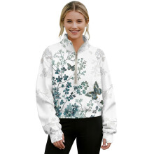 Women's Lightweight Zip-Up Sweatshirt with Thumbholes, High-Neck Cropped Hoodie for Yoga/Gym – Butterfly Flower Design, White/Green, 2XL