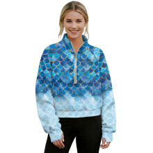 Women's Half-Zip Cropped Sweatshirt, Loose Fit Hoodie with Thumb Holes & Mermaid Scale Pattern – Blue Gradient, M, Compatible with Fall/Winter