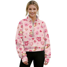 Women's Half-Zip Long Sleeve Crop Sweatshirt with Pockets & Thumb Holes, Mock Neck, Latte Coffee Heart Pattern – Pink, L