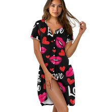 Women's Soft Nightgowns, Short Sleeve Button-Up Sleepshirts with Love Heart Lip Print, Black, 2XL – Compatible with Valentine’s Day