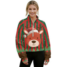 Women's Lightweight Zip-Up Sweatshirt with Thumbholes, High Neck, Cropped Fit – Reindeer Green/Red Stripes, S, Compatible with Christmas