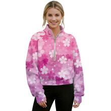 Women's Cropped Pullover Sweatshirt with Kangaroo Pocket, Thumbholes & Half Zip – Pink Violet Gradient, XS