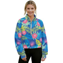 Women's Half-Zip Sweatshirt with Pockets, Cropped Long Sleeve Top – Lightweight Winter/Fall Quarter-Zip Pullover, Tropical Leaf Print (S)