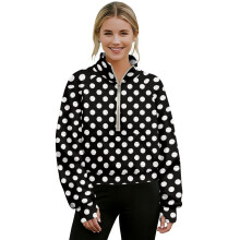 Women's Long Sleeve Half-Zip Pullover Sweatshirt with Pocket, Mock Neck, Oversized Cropped Hoodie – Abstract Polka Dots, Black & White, XL