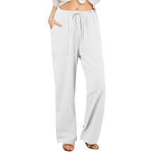 Pantalones palazzo de lino para mujer de tallas grandes, pantalones casuales de algodón y lino de pierna ancha para verano con cintura ajustable con