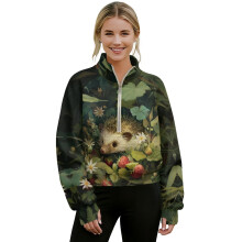 Women's Cropped 1/2-Zip Sweatshirt with Thumbholes, Mock Neck, Oversized Fit, Soft Hoodie – XL, Hedgehog Strawberry Green Leaf