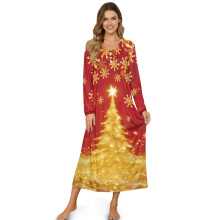 Women's Christmas Winter Nightgown – Soft Lightweight Sleepshirt, Button-Front, Long Sleeve, Full-Length Loungewear, Gold Tree/Snowflake Red, 3XL