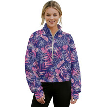 Women's Cropped 1/2-Zip Sweatshirt with Thumbholes, Mock Neck, Oversized Fit, Soft Hoodie – Tropical Monstera Violet