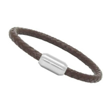 Unisex Men's Genuine Leather Stainless Steel Magnetic Clasp Bracelet Brown-17 - Bullet Matte Magnetic Silver