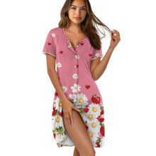 Women's Short Sleeve Nightgown – Button-Down House Dress, Lightweight Sleepwear, 3XL, Pink Daisy/Strawberry Heart Design – Valentine’s Day
