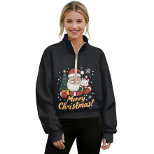 Women's 2025 Christmas Sweatshirt, 1/2 Zip Cropped Pullover with Thumbholes, Soft Lightweight, Santa Cat Design, Black