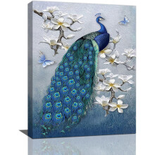 Blue Peacock Wall Art with Flowers & Butterflies – Framed Canvas Print for Living Room, Bedroom, Kitchen, Bathroom, Office Decor