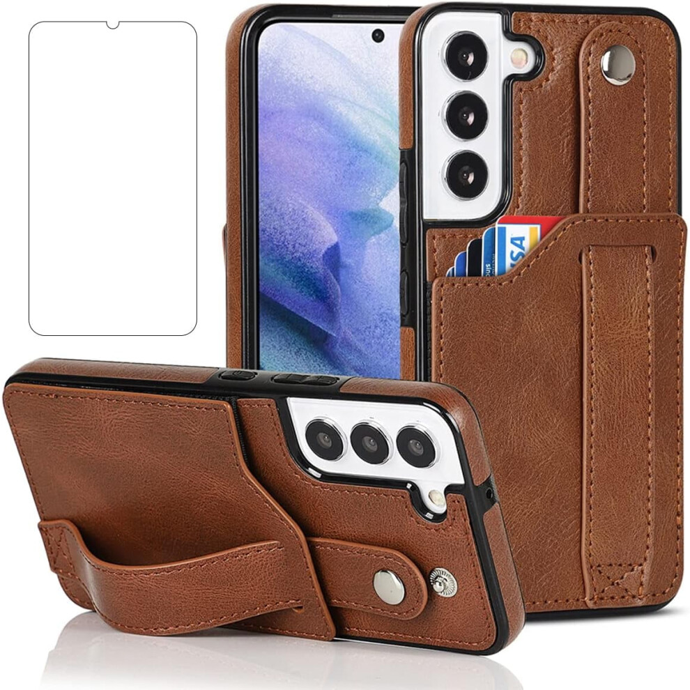Samsung Galaxy S22+/S22 Plus Case With Screen Protector, Wrist Strap, Kickstand, Card Slot & Shockproof Rugged Cover – 6.6" Brown 9448483167284