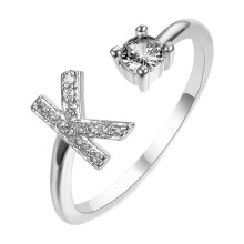 HIJONESWomen's Stainless Steel Round Zircon Capital Letter Stackable Ring Adjustable Alphabet Letter Pinky Ring Jewelry Gifts Silver K