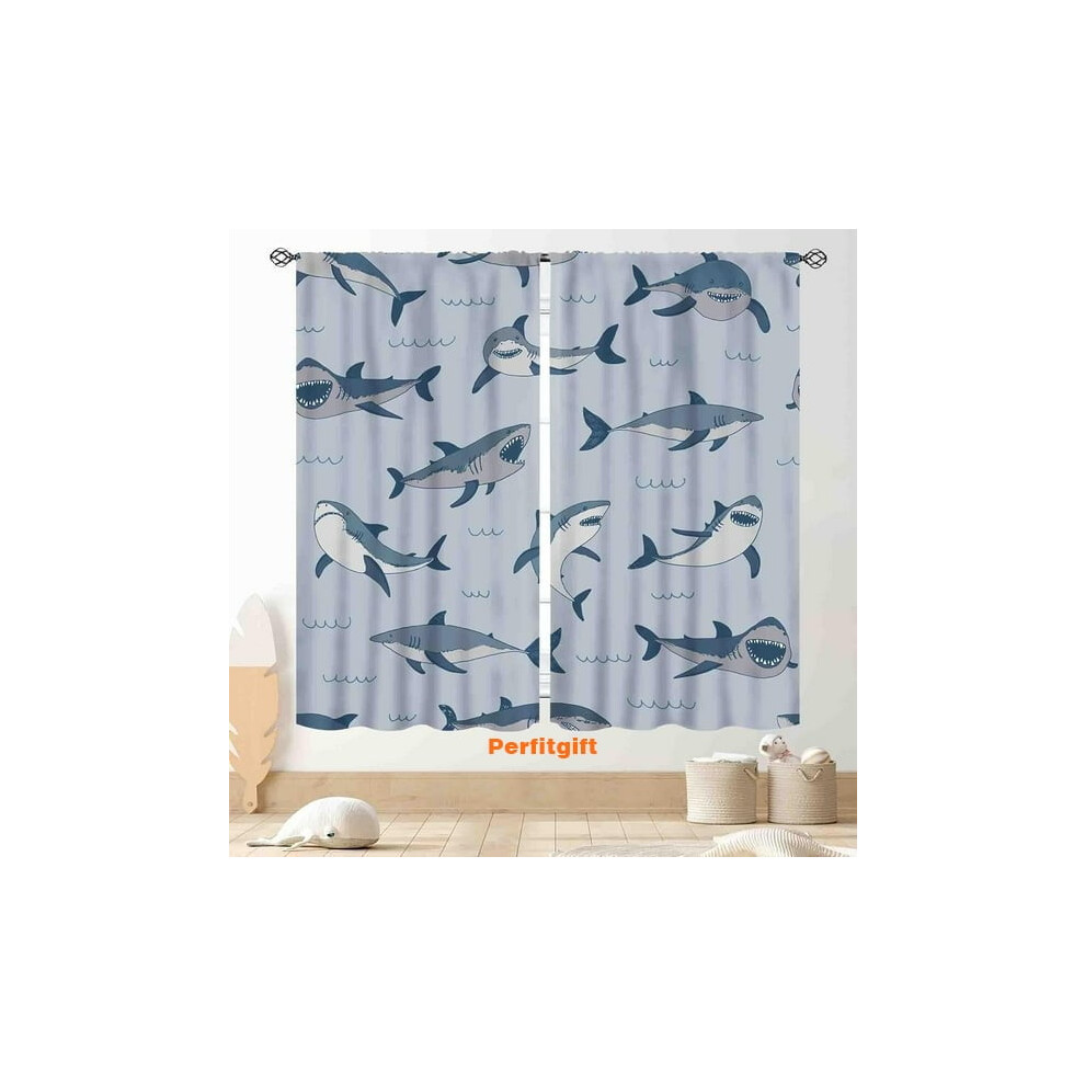 Shark Curtains, Ocean Animal Theme, Marine Cartoon Drapery For Kids’ Bedroom & Nursery – 2 Panels, 84"X63" – Compatible With Standard Rods Blue