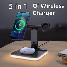 Suport de încărcare wireless Qi cu lumină de noapte — Compatibil cu iPhone, Apple Watch, AirPods, Samsung Galaxy S24-S20, Note20 și toate