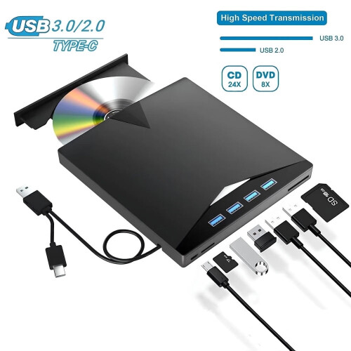 Εξωτερική μονάδα οπτικού δίσκου CD/DVD Sihohan USB3.0 με ενσωματωμένο καλώδιο Type-C