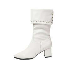 Damenstiefel bis zur Wade, modisch und lässig für den Winter, mit Reverskragen, spitzer Zehenpartie und niedrigem Absatz, aus PU-Material, Größe