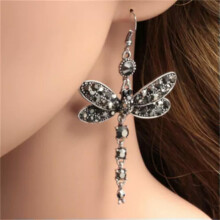 Dragonfly Cubic Zirconia Drop Earrings 925 Silver Black