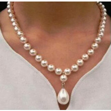 Long 14"- 24" 8mm Round South Sea Shell Pearl 12x16mm Drop Pendant Necklace AAA+-White-24 in