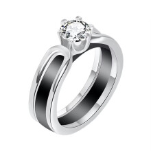 Women's Stainless Steel Cut Crystal Cubic Zirconia Inlaid Ceramic Couple Wedding Ring Two Tone Eternity Engagement Finger Band Silver Black Size 10
