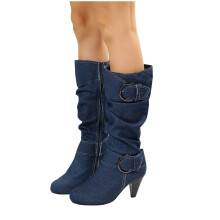 Stivali da donna casual con tacco alto, a metà polpaccio e punta affusolata, blu