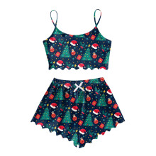 Julepyjamas til voksne - Juleundertøj til kvinder, 2 stk. Crop Tank Top, 2-delt nattøj, gaver i mørkeblå og størrelse L