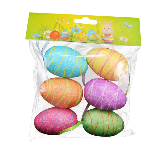 Plastic Easter Eggs Hanging Ornaments, Sparkling & Hand-Painted, 6pcs for Easter Tree Decor & DIY Crafts