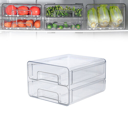 Clear Stackable Fridge Drawer Organizer with Removable Drain Tray, Dual-Layer Food Storage Container Compatible with Standard Refrigerators