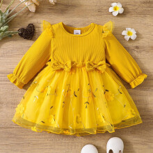 NaWent Toddler Girls' Dress Cotton Fashion Bow Embroidered Mesh Splicing Lace Sleeve Long Sleeve Round Neck Dress Yellow 2 Years